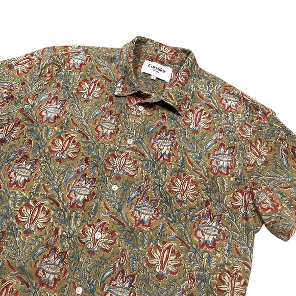 Corridor Handblock Paisley Floral Short Sleeve Button Up Shirt Mens Large - Picture 3 of 9